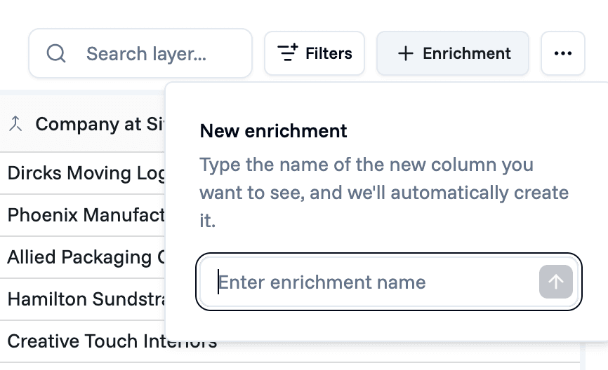 The New enrichment popover, opened from the Enrichment button above the table. It reads: Type the name of the new column you want to see, and we'll automatically create it, above a field labelled Enter enrichment name.
