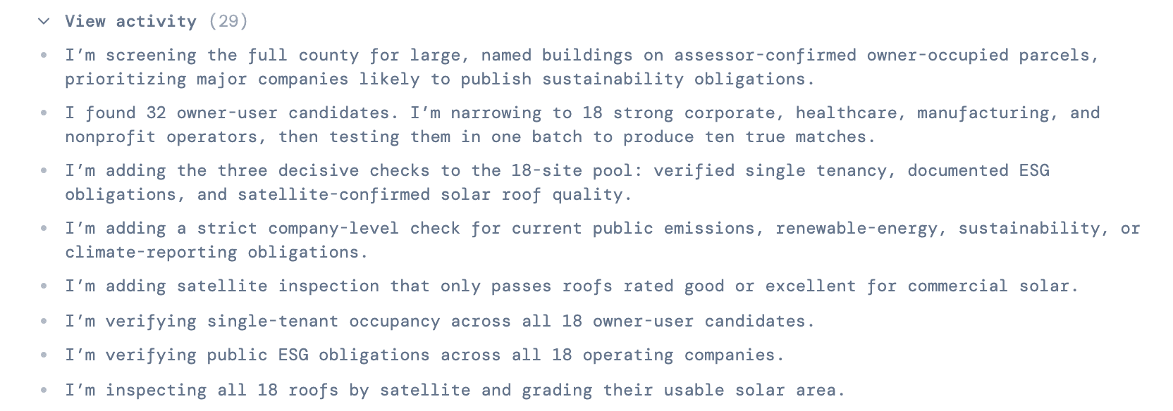 The chat with View activity expanded. MAIA's actions read, in part: I found 32 owner-user candidates. I'm narrowing to 18 strong candidates, then testing them in one batch to produce ten true matches.