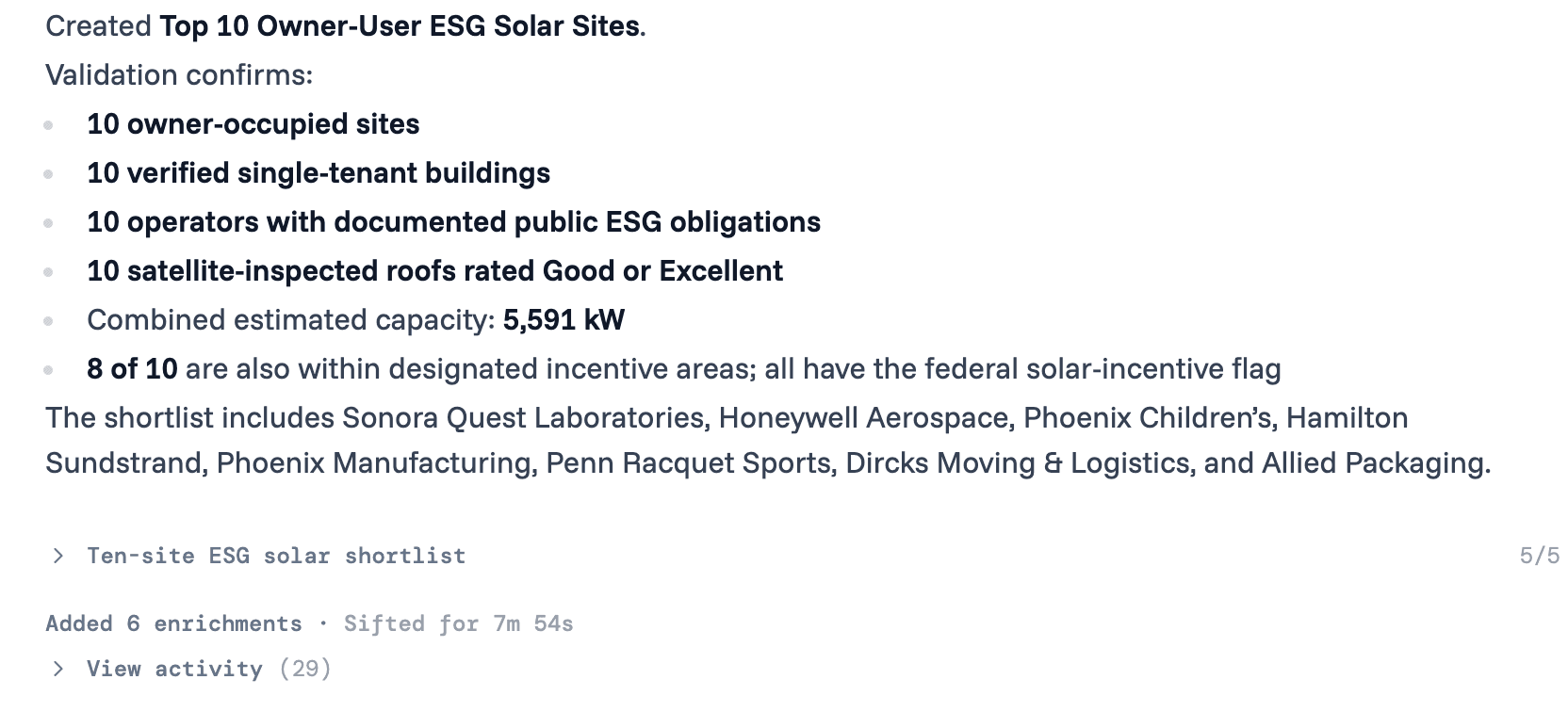 The chat after a run. MAIA's answer reads: Created Top 10 Owner-User ESG Solar Sites. Validation confirms: 10 owner-occupied sites, 10 verified single-tenant buildings, 10 operators with documented public ESG obligations, 10 satellite-inspected roofs rated Good or Excellent, combined estimated capacity 5,591 kW, and 8 of 10 within designated incentive areas. Below it, the skill's plan and View activity.