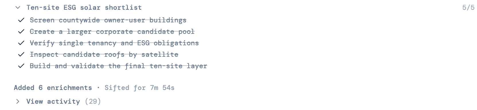 The skill's plan in the chat: a checklist headed Ten-site ESG solar shortlist 5/5 with five phases, each crossed out with a check mark, and View activity (29) below it.