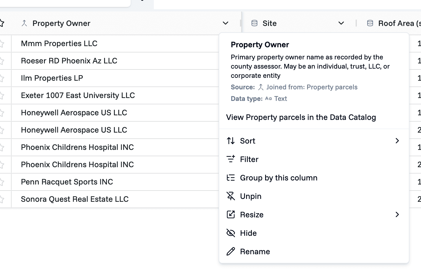 A column menu open on the Property Owner column. It reads Source: Joined from: Property parcels, Data type: Text, and offers View Property parcels in the Data Catalog above Sort, Filter, and the other actions.