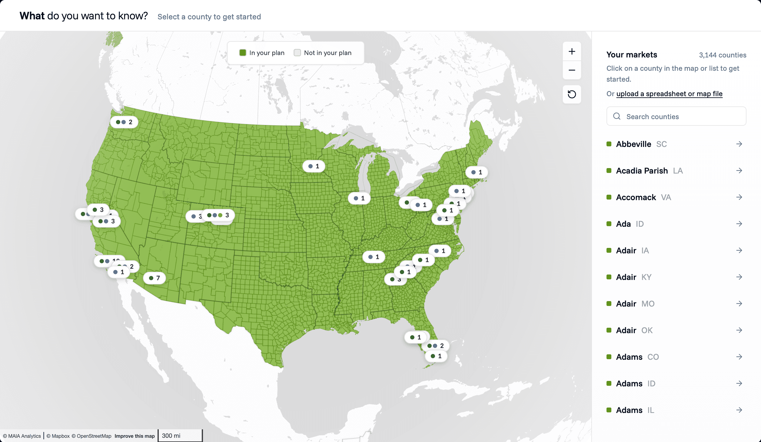 The new project screen. A map of the United States with every county shaded as in your plan, a legend reading In your plan and Not in your plan, and a list of counties to the right with a search box.