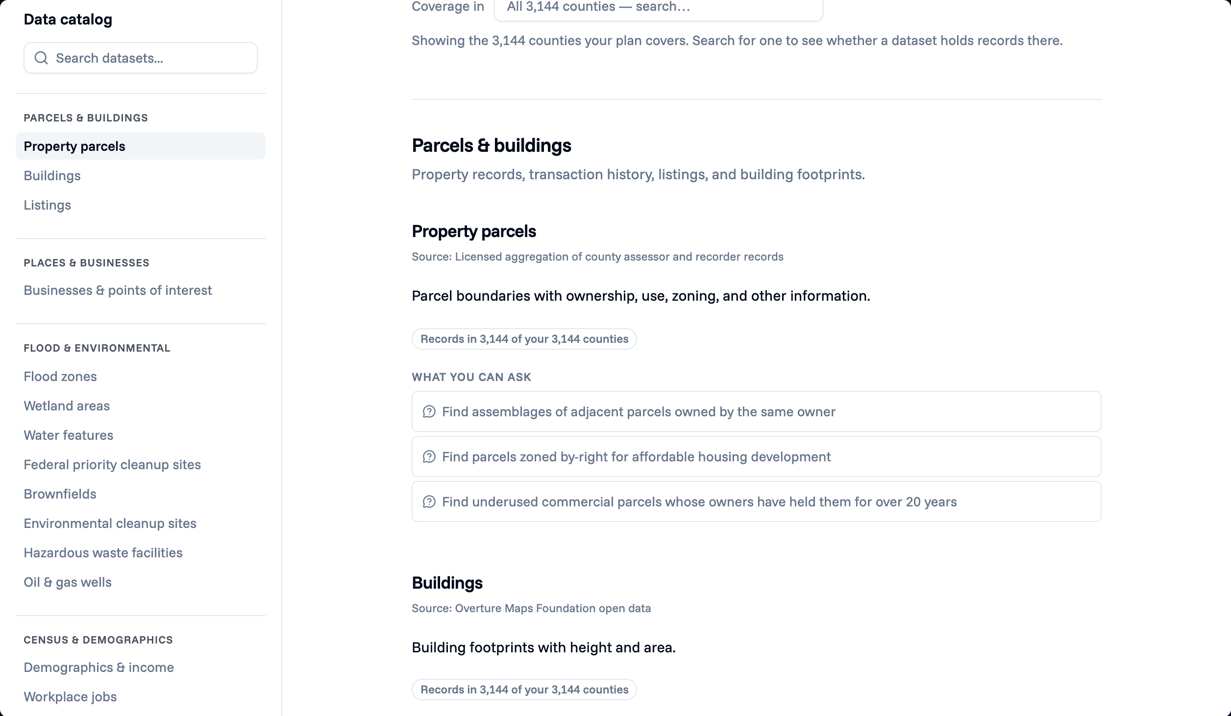 The Data catalog page inside MAIA. A list of dataset families on the left, from Parcels & buildings to Tax incentives. On the right, Property parcels with its source, a description, a badge reading Records in 3,144 of your 3,144 counties, and three questions you can ask.