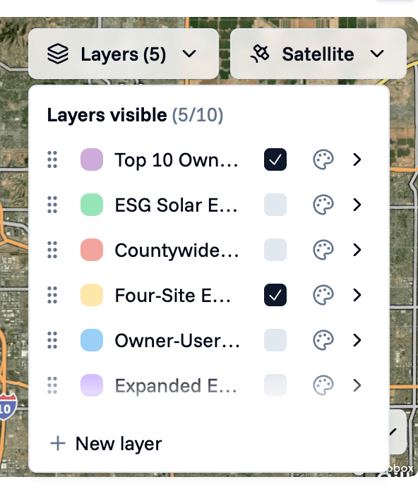 The Layers menu on the map, listing ten layers the main agent created during the project, five of them visible, with a New layer option at the bottom.