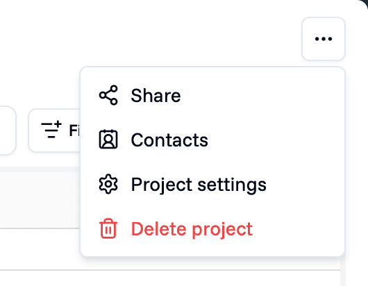 The project's menu, opened from the three dots at the top right of the project. It lists Share, Contacts, Project settings, and Delete project.