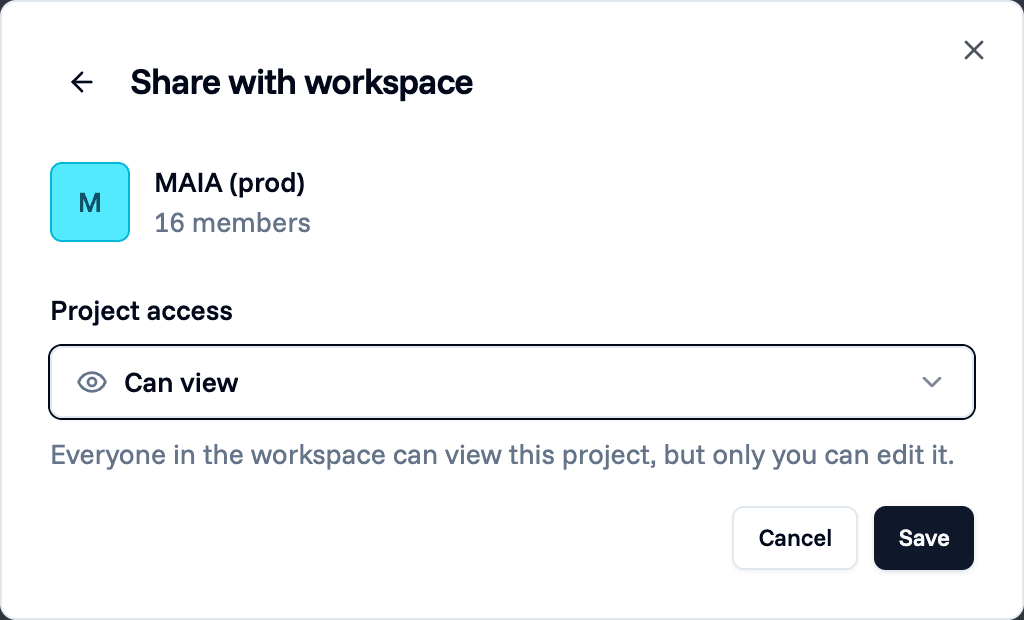 The Share with workspace dialog. Under Project access, a dropdown lists No access, Can view, and Can edit, each with a one-line description of who can open and edit the project.