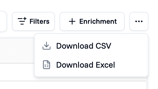The table's options menu open, listing Download CSV and Download Excel.